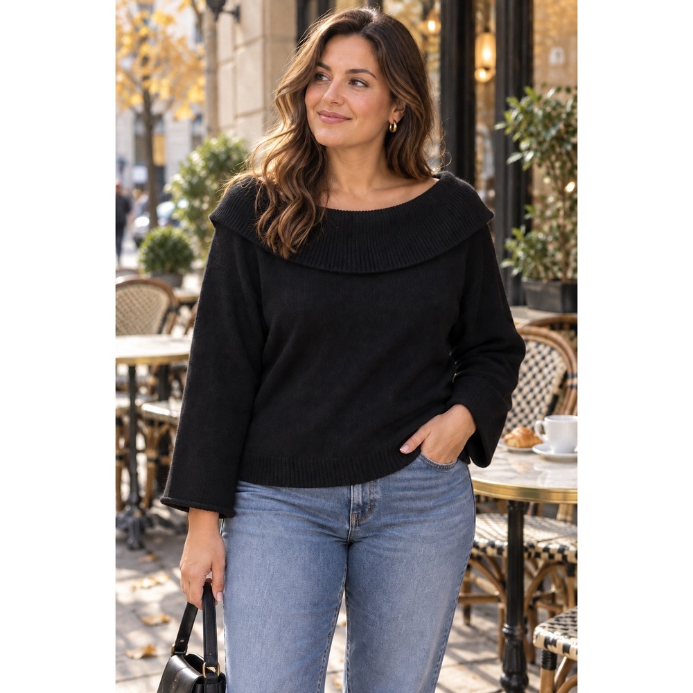 By Anthropologie Foldover Portrait Collar Sweater XL Black Cropped Off Shoulder